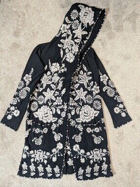 Biya Johnny Was Full Floral Embroidered Hood Duster Cardigan Sweater Women Small